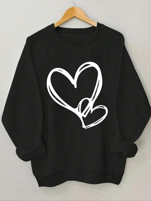Women's Heart Print Round Neck Sweatshirt, Casual Long Sleeve Crew Neck Pullover for Spring & Fall, Fashion Women's Top...