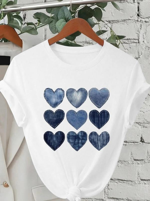 Women's Heart Print Round Neck Tee, Casual Denim-Effect Print Short Sleeve T-Shirt for Summer, Ladies Clothes for Daily...
