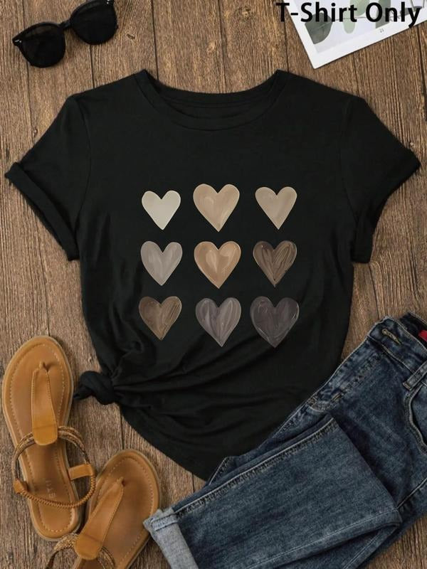 Women's Heart Print Round Neck Tee, Casual Graphic Short Sleeve T-shirt For Daily Wear, Ladies Summer Outfit Hoodie,...