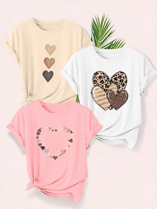 Women's Heart Print Round Neck Tee, Casual Leopard Print Short Sleeve T-shirt for Daily Wear, Ladies Clothes for All...