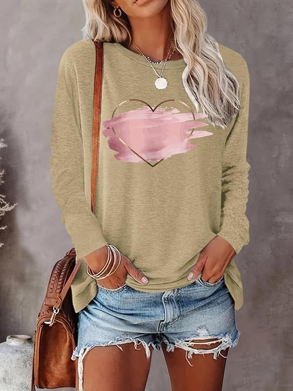 Heart Print Round Neck Casual Long Sleeve Crew Neck Fall & Winter Clothes Daily T-Shirts, Hoodie, Sweatshirt