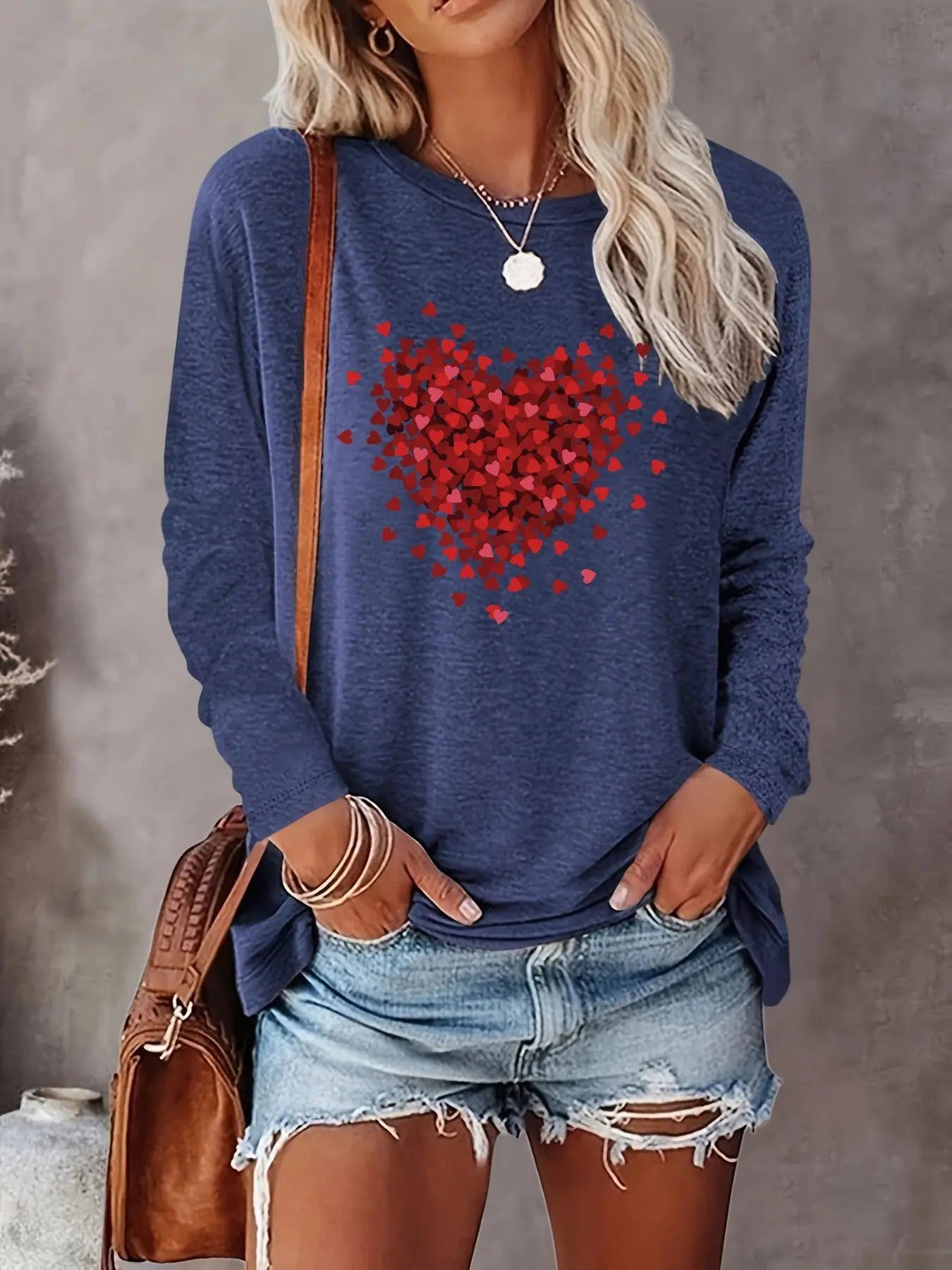 Heart Print Round Neck Casual Long Sleeve Crew Neck Spring & Fall Top Daily T-Shirts, Hoodie, Sweatshirt