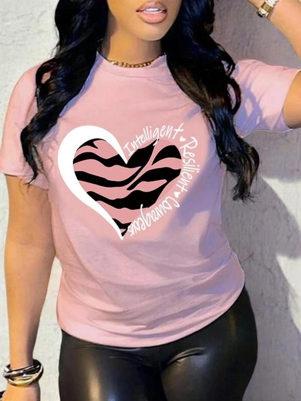 Women's Heart Print Round Neck Tee, Casual Short Sleeve Crew Neck T-Shirt for Daily Wear, Ladies Clothes for All Seasons...
