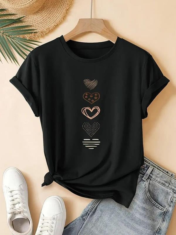 Women's Heart Print Round Neck Tee, Casual Short Sleeve Crew Neck T-Shirt for Fall & Winter, Women's Top for Daily Wear...