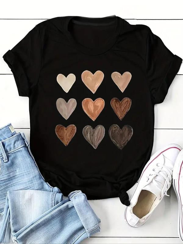 Women's Heart Print Round Neck Tee, Casual Short Sleeve Crew Neck T-Shirt for Summer, Fashion Women's Top for Daily Wear...