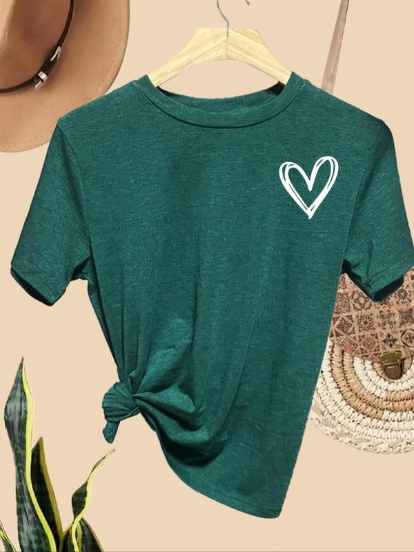 Women's Heart Print Round Neck Tee, Casual Short Sleeve Crew Neck T-Shirt for Summer, Fashion Women's Top for Daily Wear...