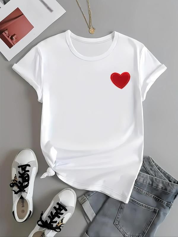 Women's Heart Print Round Neck Tee, Casual Short Sleeve Crew Neck T-Shirt for Summer, Fashion Women's Top for Daily Wear...