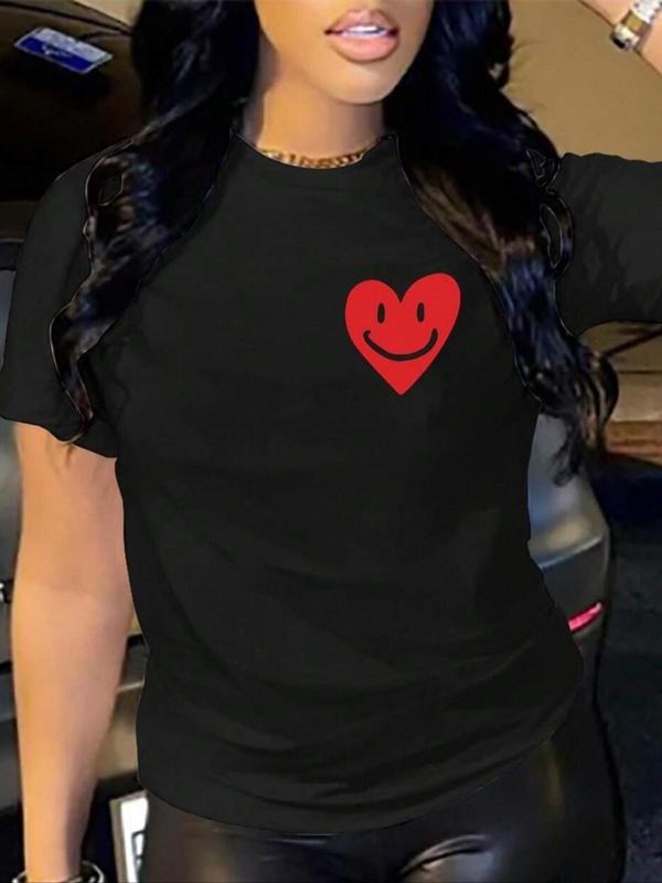 Women's Heart Print Round Neck Tee, Casual Short Sleeve Crew Neck T-Shirt for Summer, Fashion Women's Top for Daily Wear...