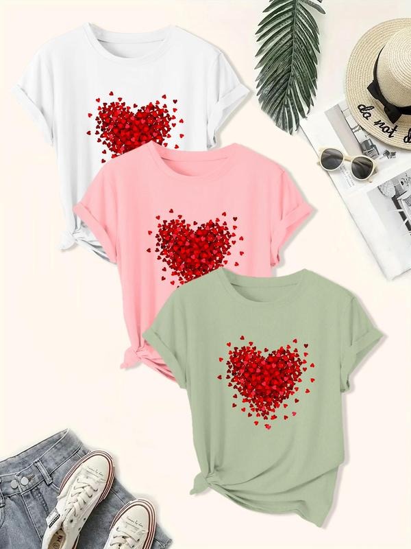 Women's Heart Print Round Neck Tee, Casual Short Sleeve Crew Neck T-shirt for Daily Wear, Ladies Clothes for All Seasons...