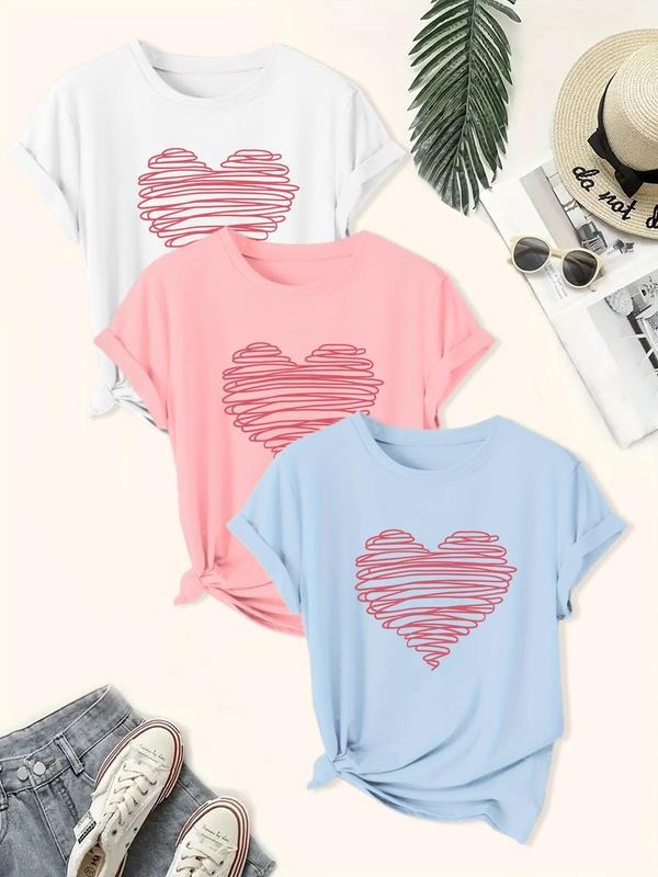 Women's Heart Print Round Neck Tee, Casual Short Sleeve Crew Neck T-shirt for Daily Wear, Ladies Clothes for All Seasons...