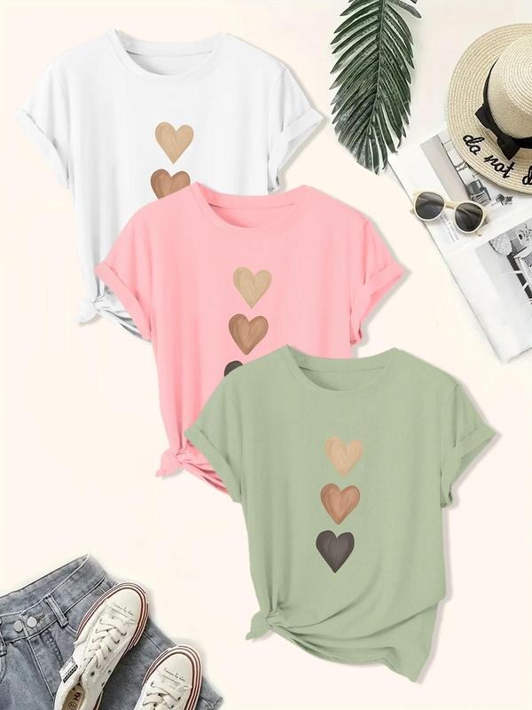 Women's Heart Print Round Neck Tee, Casual Short Sleeve Crew Neck T-shirt for Daily Wear, Ladies Clothes for All Seasons...