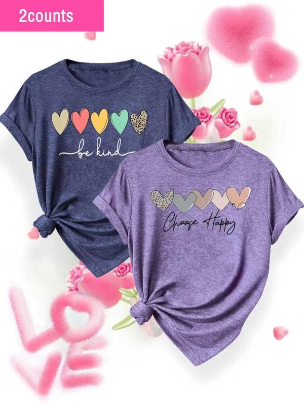 Women's Heart Print Round Neck Tee, Casual Short Sleeve Crew Neck T-shirt for Daily Wear, Ladies Clothes for All Seasons...