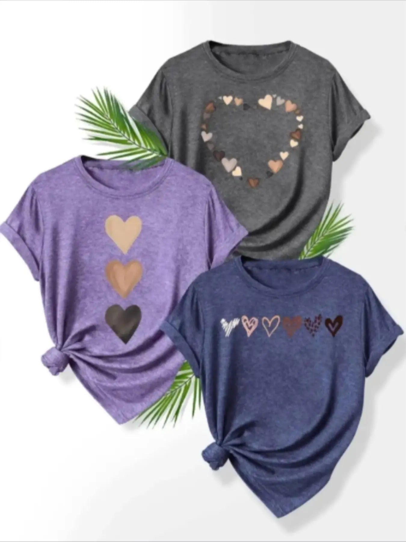 Women's Heart Print Round Neck Tee, Casual Short Sleeve Crew Neck T-shirt for Daily Wear, Ladies Clothes for Summer...