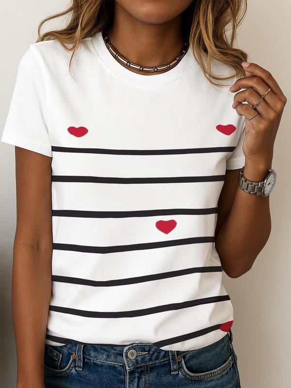 Women's Heart Print Round Neck Tee, Casual Striped Print Short Sleeve T-shirt for Spring & Fall, Ladies Clothes for Daily...