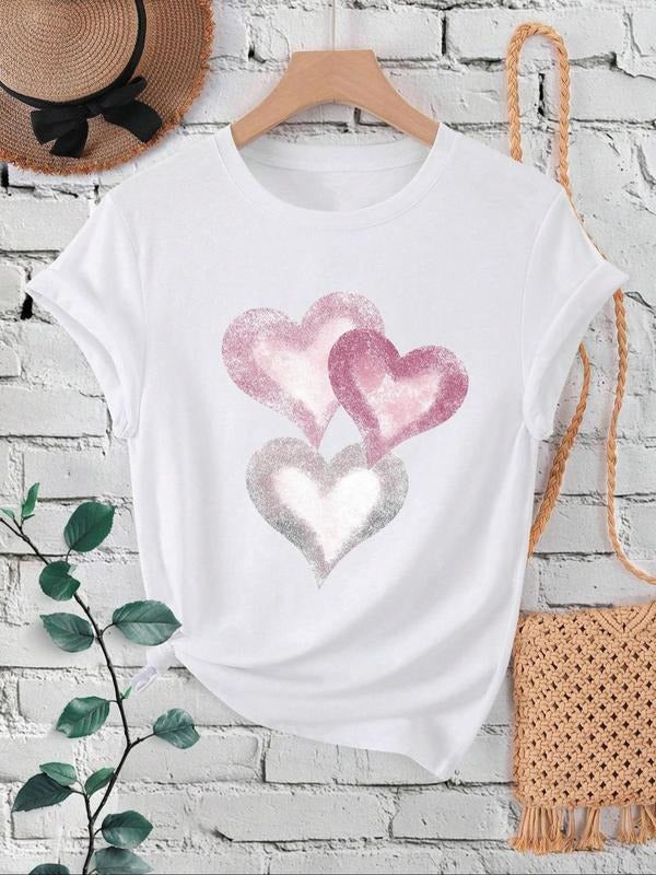 Women's Heart Print Round Neck Tee, Fashion Casual Crew Neck T-Shirt for Daily Holiday Vacation Outdoor Wear, Ladies...