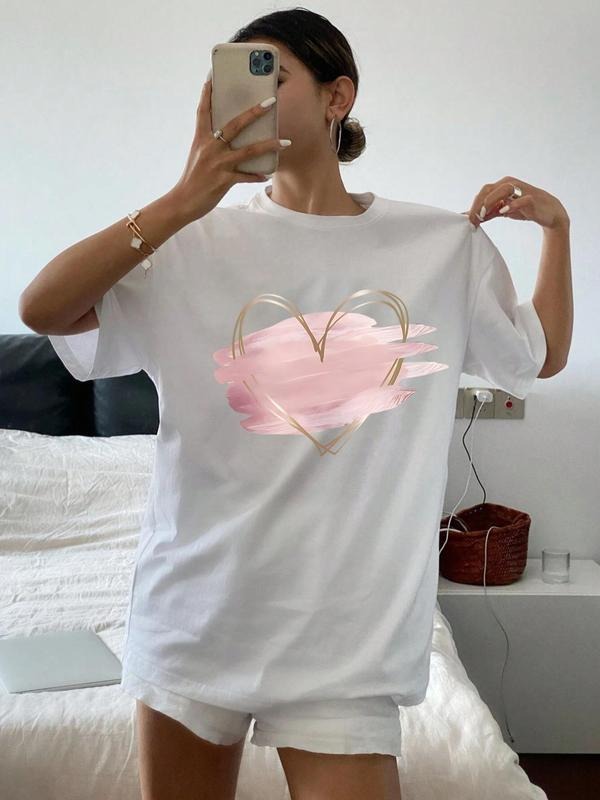 Women's Heart Print Round Neck Tee, Fashion Casual Drop Shoulder Short Sleeve T-shirt, Ladies Summer Clothes for Daily...