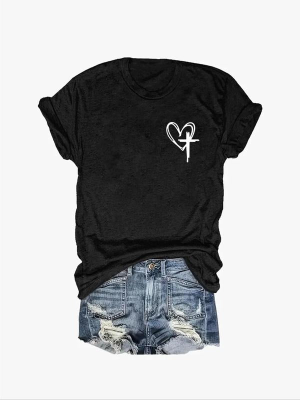 Women's Heart Print Round Neck Tee, Fashion Casual Short Sleeve T-shirt, Ladies Summer Clothes for Daily Wear Hoodie,...