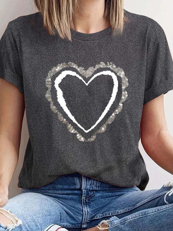 Women's Heart Print Round Neck Tee, Fashion Short Sleeve T-Shirt, Ladies Summer Outfit Valentine's Day, gift Hoodie,...