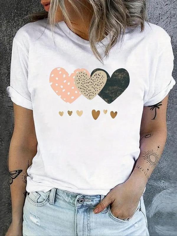 Women's Heart Print Round Neck Tee, Vintage Trendy Short Sleeve T-shirt for Daily Wear, Ladies Summer Outfit Hoodie,...