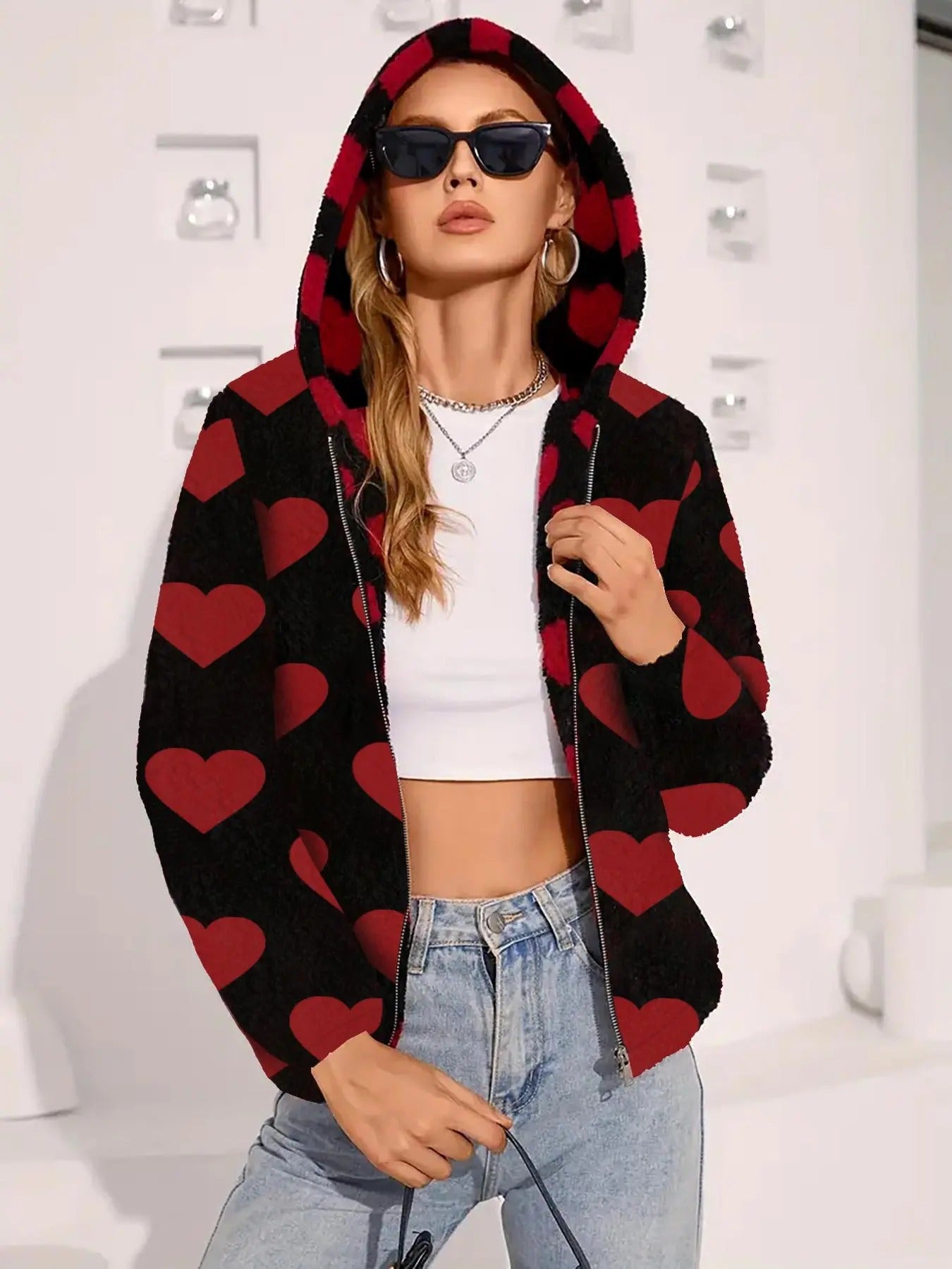 Women's Heart Print Zip Up Hoodie, Casual Long Sleeve Hooded Sweatshirt for Daily Wear, Ladies Clothes for All Seasons...