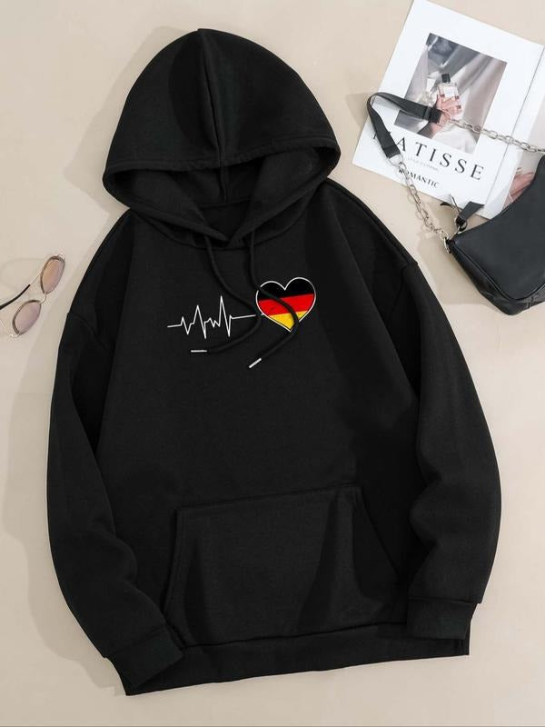 Women's Heartbeat & Germany Flag Print Drawstring Pocket Hoodie, Casual Long Sleeve Hooded Sweatshirt for Fall & Winter,...