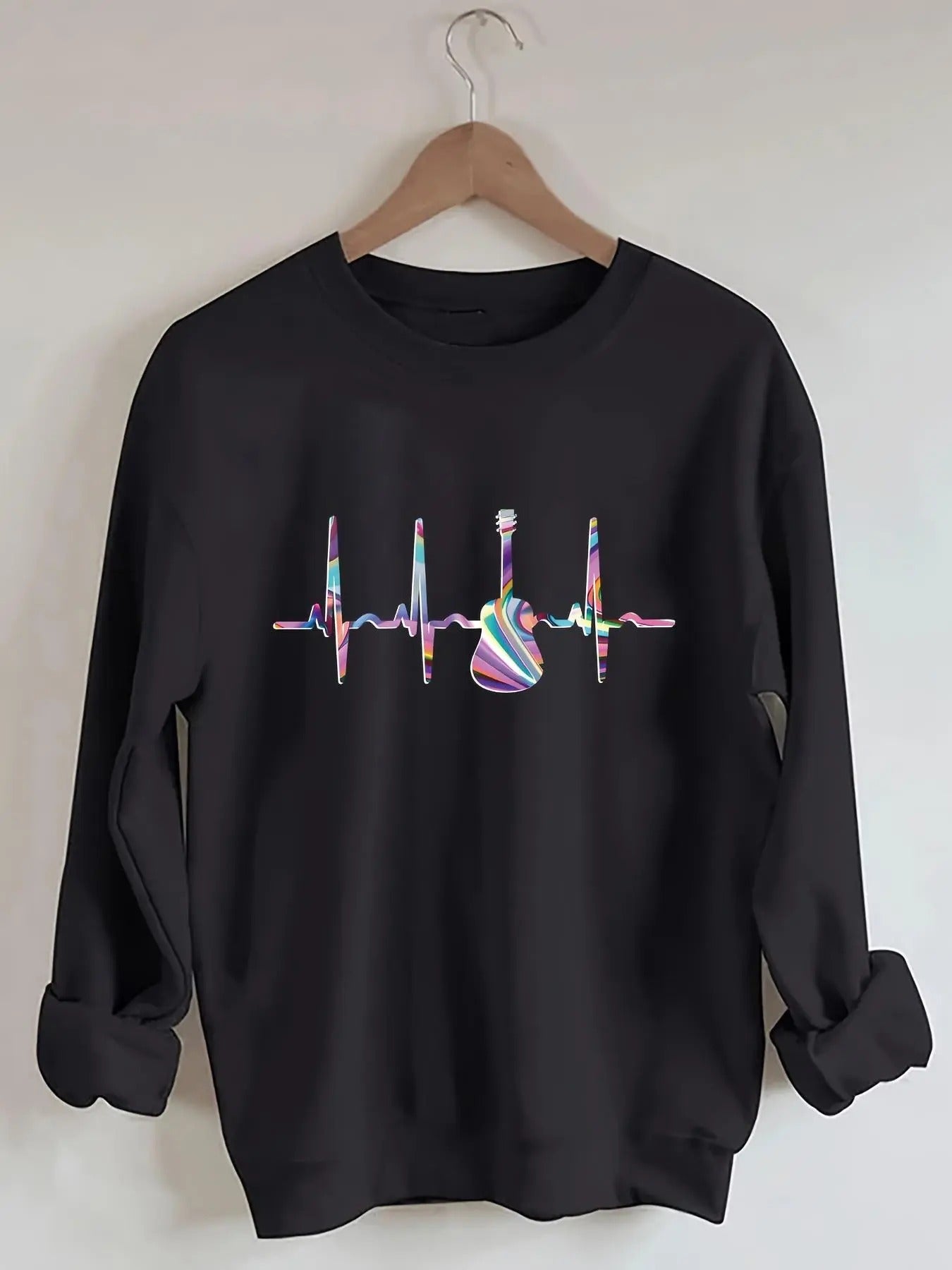 Women's Heartbeat & Guitar Print Drop Shoulder Sweatshirt, Casual Long Sleeve Round Neck Pullover for Fall & Winter,...