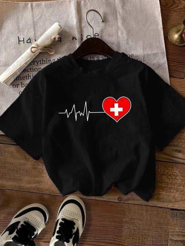Women's Heartbeat & Heart Print Round Neck Tee, Casual Short Sleeve Crew Neck T-shirt for Daily Wear, Ladies Clothes for...