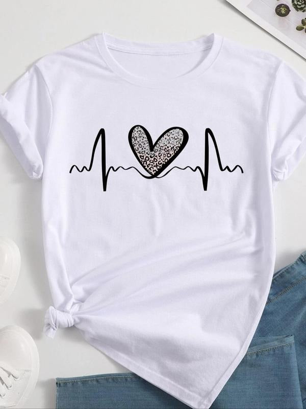 Women's Heartbeat & Leopard Heart Print Round Neck Tee, Trendy Casual Short Sleeve T-Shirt for Summer, Women's Top for...