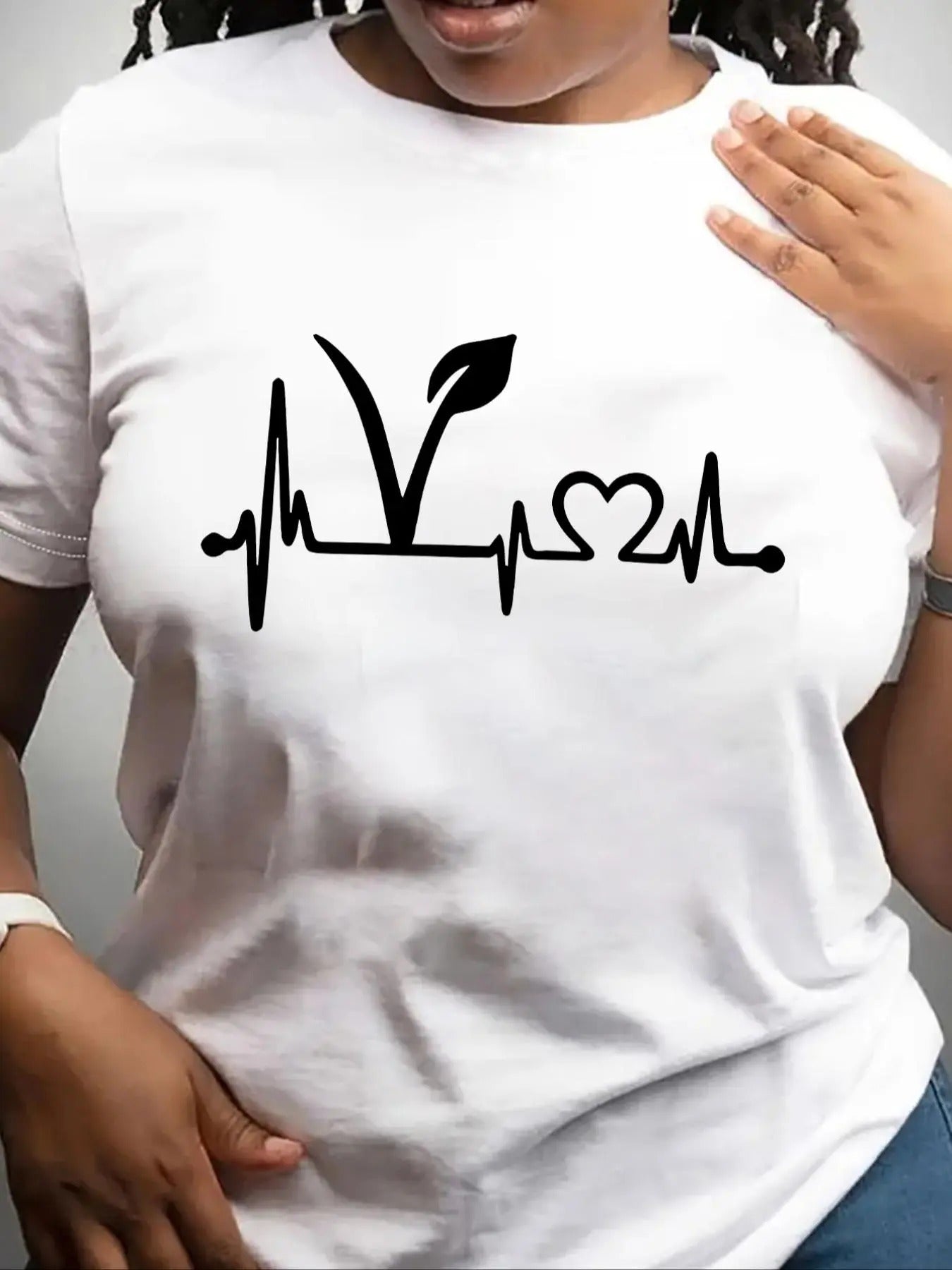 Women's Heartbeat Print Round Neck Graphic Tee, Trendy Casual Short Sleeve T-shirt for Daily Wear, Ladies Summer Outfit...