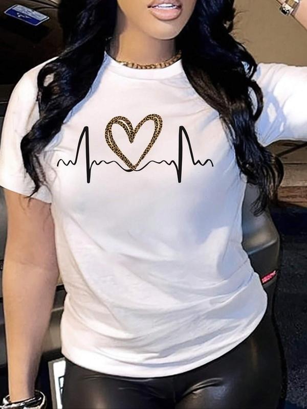 Women's Heartbeat Print Round Neck Graphic Tee, Vintage Trendy Casual Short Sleeve T-shirt for Daily Wear, Ladies Outfit...