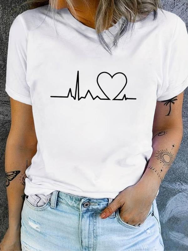 Women's Heartbeat Print Round Neck Tee, Casual Short Sleeve T-Shirt for Summer, Women's Top for Daily Wear style 02...