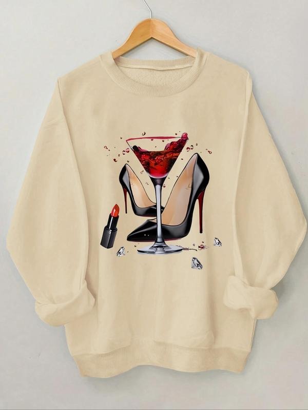 Women's High Heel & Wine Print Round Neck Sweatshirt, Casual Long Sleeve Crew Neck Pullover for Spring & Fall, Fashion...