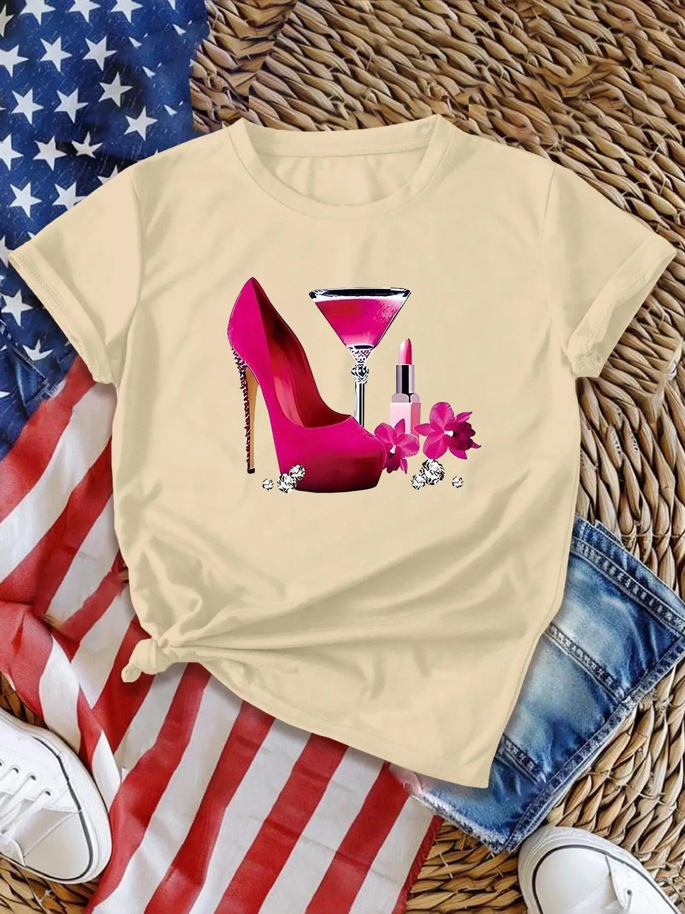 Women's High Heels & Wine Glass Print Round Neck Tee, Fashion Short Sleeve T-shirt, Ladies Clothes for Summer Hoodie,...