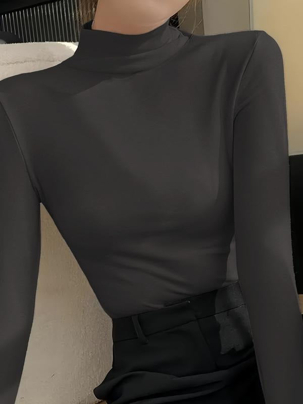 Women's High Neck Long Sleeve T-Shirt, High Elastic Casual Top, Korean Fashion Style Pullover, Comfortable All Season...