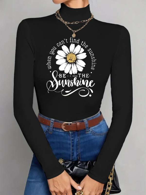 Women's High Neck Long Sleeve T-Shirt, Stretchy Casual Top with Daisy Letter Print, Milk Silk Fabric, Fashionable...