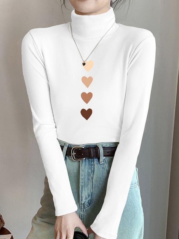 Women's High Neck Long Sleeve T-Shirt, Stretchy Casual Top, Gradient Heart Print, Milk Silk Fabric, Fashionable Pullover...