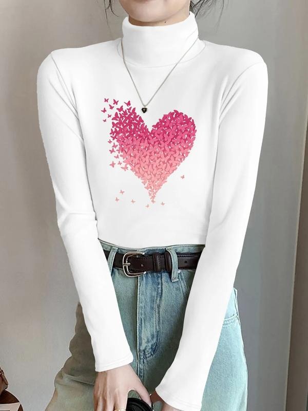 Women's High Neck Long Sleeve T-Shirt, Stretchy Casual Top, Gradient Heart Print, Milk Silk Fabric, Fashionable Pullover...