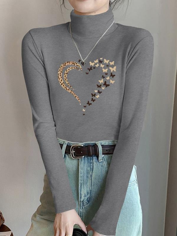 Women's High Neck Long Sleeve T-Shirt, Stretchy Casual Top, Gradient Heart Print, Milk Silk Fabric, Fashionable Pullover...