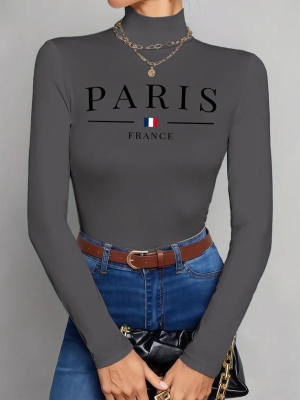 Women's High Neck Long Sleeve T-Shirt, Stretchy Casual Top, Paris Letter Print, Silk Fabric, Fashionable Pullover for All...