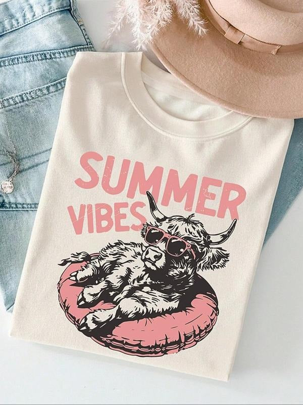 Women's Highland Cow & Letter Print Round Neck Tee, Vintage Trendy Casual Crew Neck T-shirt for Daily Wear, Ladies...