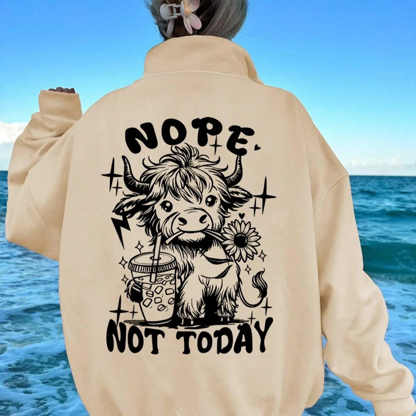 Highland Cow & Letter Print Thermal Lined Casual Long Sleeve Fall & Winter Clothes Daily T-Shirts, Hoodie, Sweatshirt