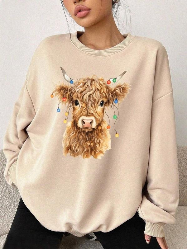 Women's Highland Cow Print Casual Sweatshirt, Fitted Round Neck Long Sleeve Top for Fall & Winter, Perfect Gift for Her...