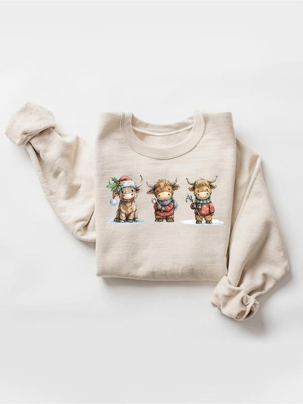 Women's Highland Cow Print Casual Sweatshirt, Fitted Round Neck Long Sleeve Top for Fall & Winter, Perfect Gift for Her...