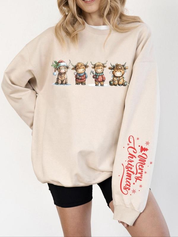 Women's Highland Cow Print Casual Sweatshirt, Fitted Round Neck Long Sleeve Top for Fall & Winter, Perfect Gift for Her...