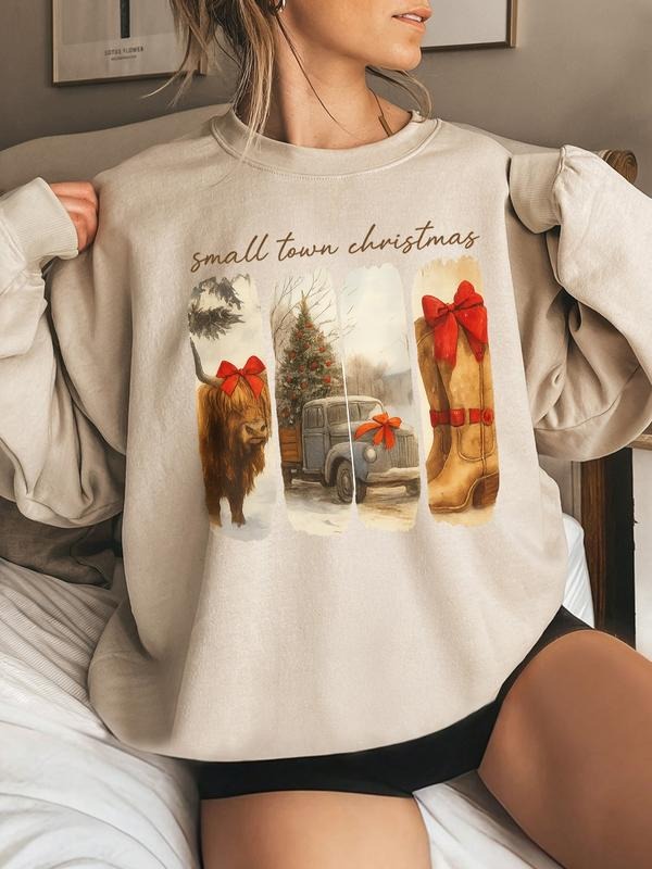 Women's Highland Cow Print Casual Sweatshirt, Fitted Round Neck Long Sleeve Top for Fall & Winter, Perfect Gift for Her...
