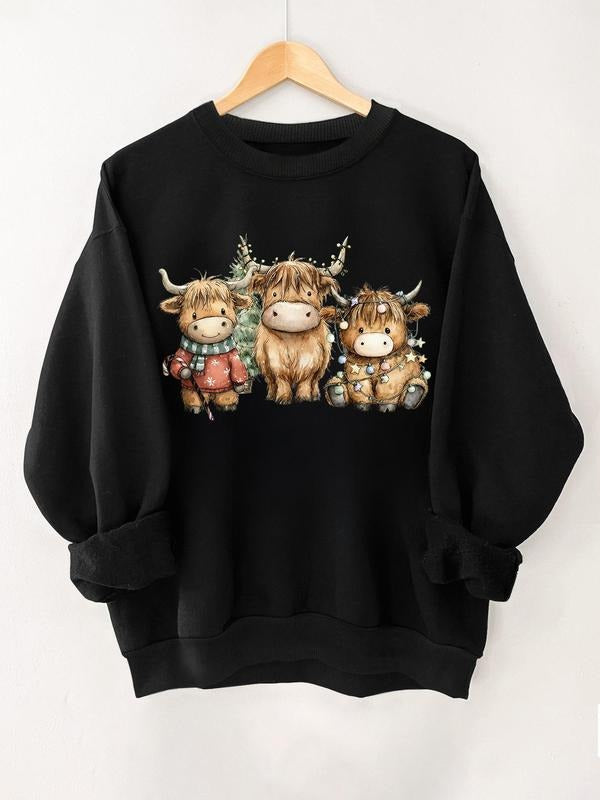 Women's Highland Cow Print Casual Sweatshirt, Fitted Round Neck Winter Wear, Geometric Pattern Kint Fabric Gift for Her...