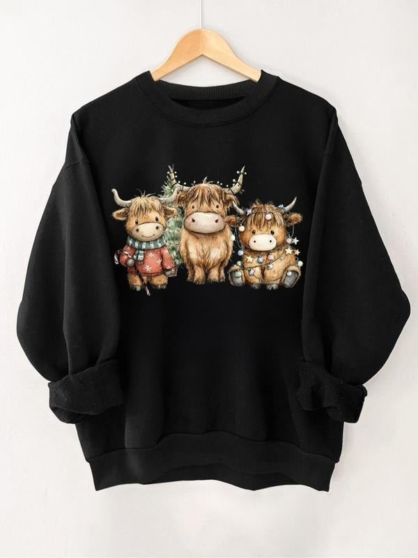 Women's Highland Cow Print Casual Sweatshirt, Fitted Round Neck Winter Wear, Geometric Pattern Kint Fabric Gift for Her...