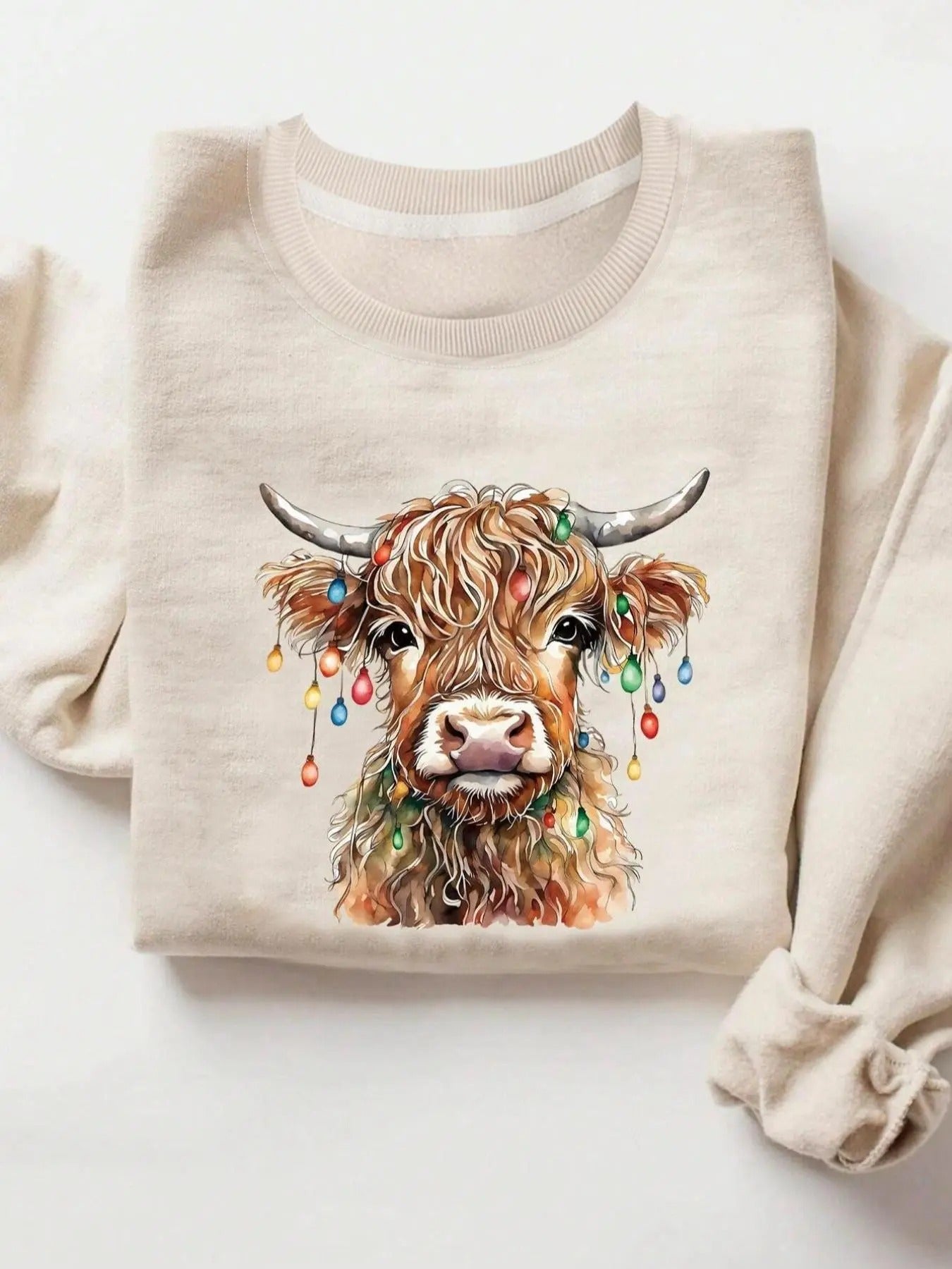 Women's Highland Cow Print Crew Neck Sweatshirt, Casual Long Sleeve Pullover for Spring & Fall, Ladies Clothes for Daily...
