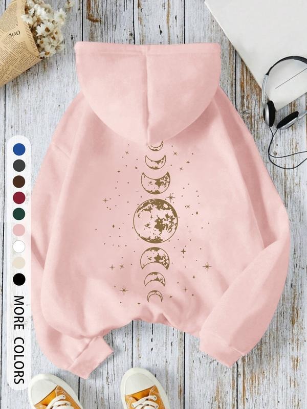 Women's Hooded Drawstring Sweatshirt, Moon Print, Comfortable & Stylish, Easy to Pair, Must-Have Closet Addition, Fall &...