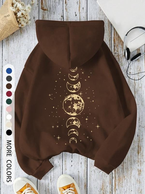 Women's Hooded Drawstring Sweatshirt, Moon Print, Comfortable & Stylish, Easy to Pair, Must-Have Closet Addition, Fall &...